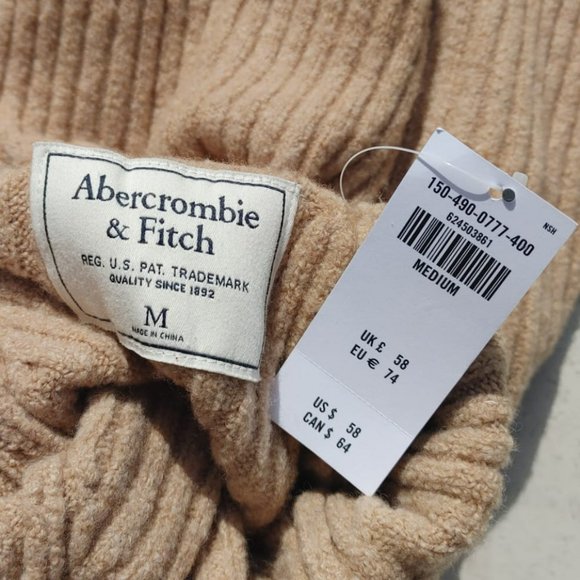 NWT ABERCROMBIE & FITCH Camel Beige Mock Neck Ribbed Wool Blend Zip Sweater. M - Picture 6 of 7